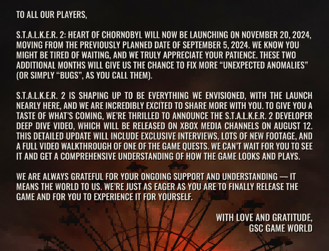 原子朋克大作《潜行者2》再次宣布跳票，发售推迟至11月